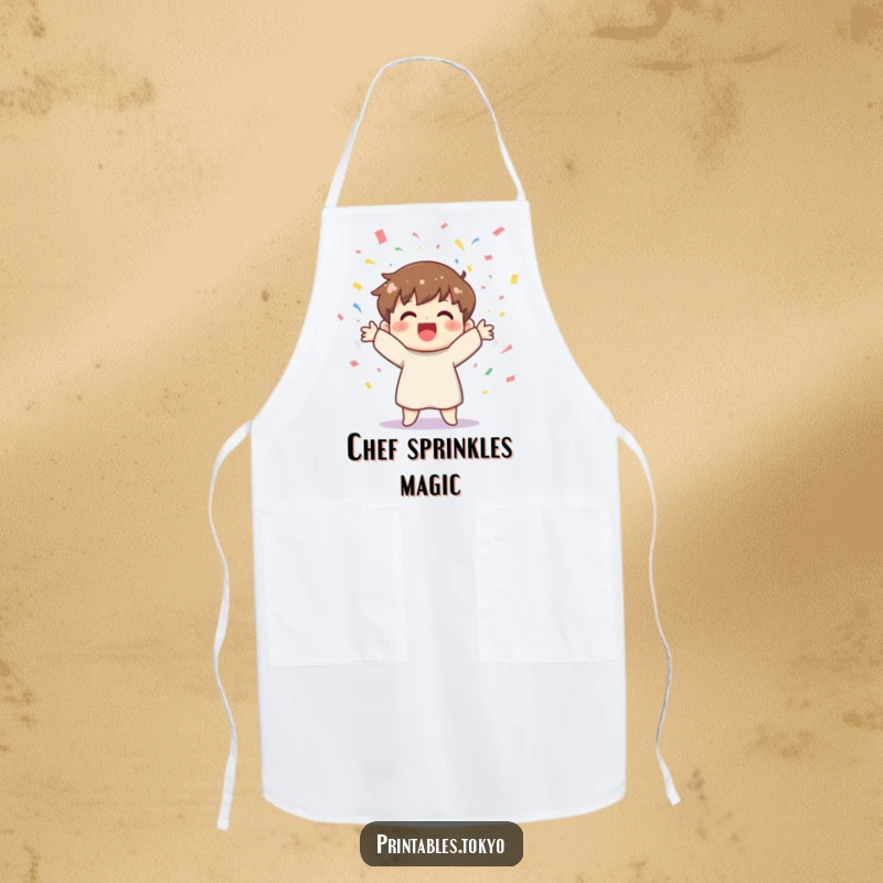 Funny apron with a cheerful character joyfully tossing colorful confetti, perfect for a festive and fun cooking experience.