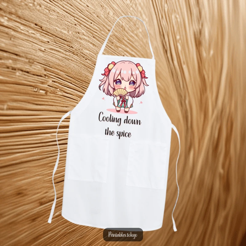 Funny Apron: A character playfully gestures with a tiny fan while cooking, adding humor and protection as a funny gift.
