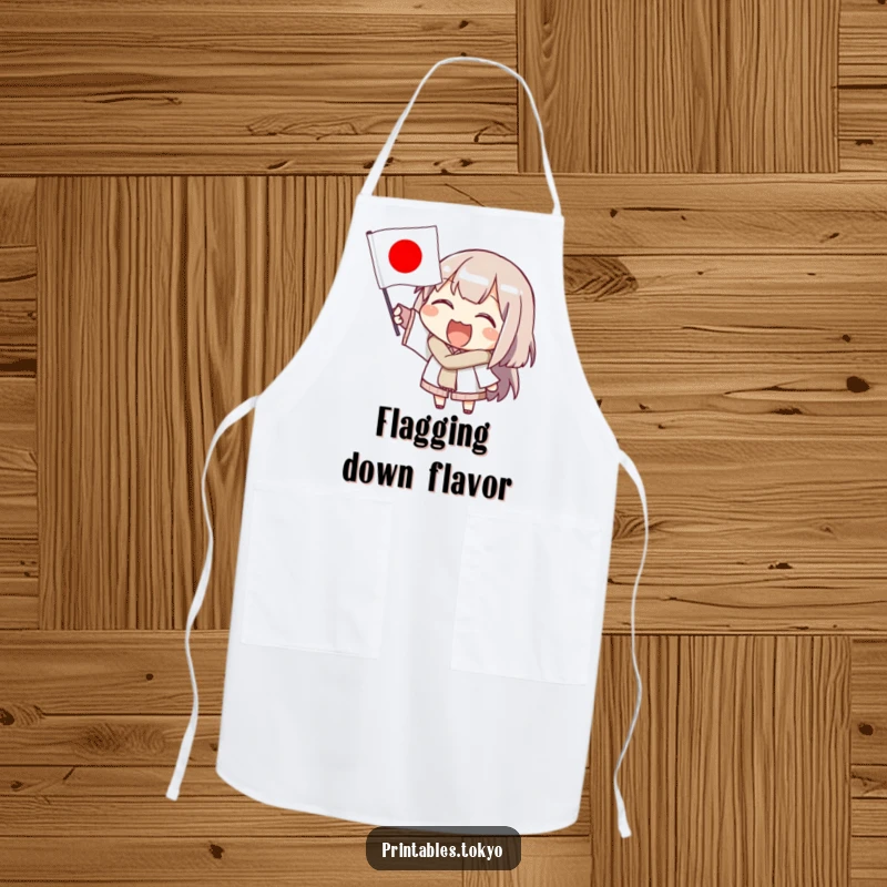 Funny apron for cooking, showing a cheerful character enthusiastically waving a small Japanese flag, ready to bring joy to the kitchen.