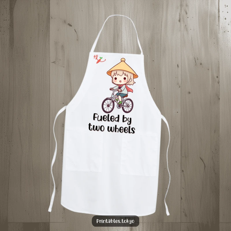 Funny apron with a cute character in a Japanese hat, joyfully riding a bicycle, perfect for a humorous cooking experience.
