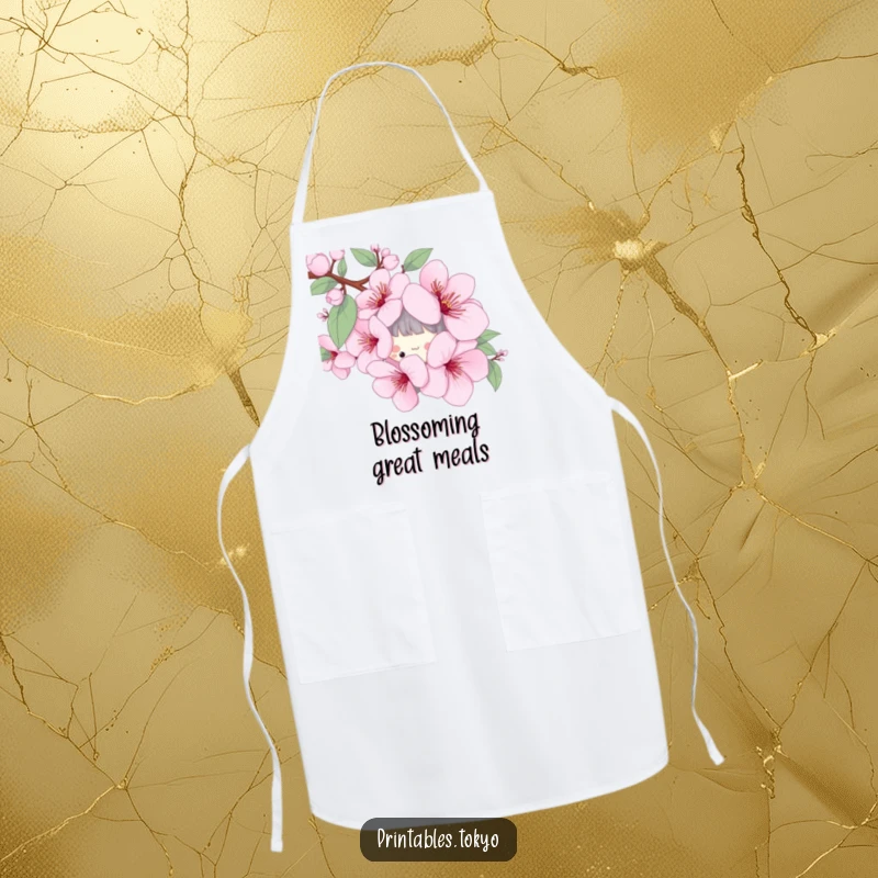 Funny apron with a playful character peeking from behind a stylized cherry blossom, perfect for a cheerful cooking experience.
