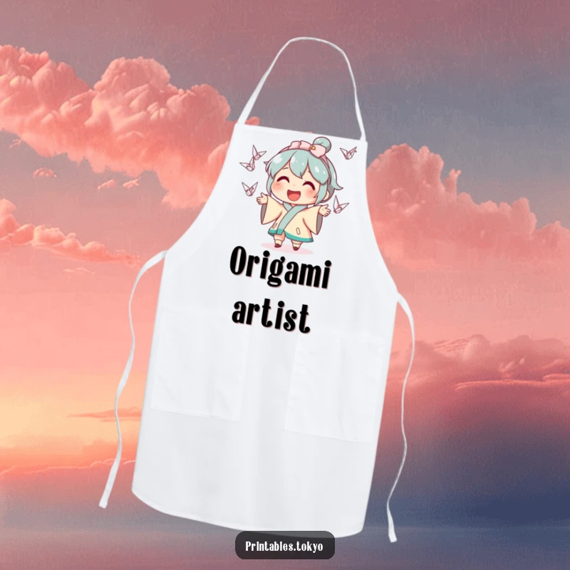 Funny apron showcasing a smiling character in a chef's hat, juggling miniature origami cranes, ideal for kitchen humor and protection.