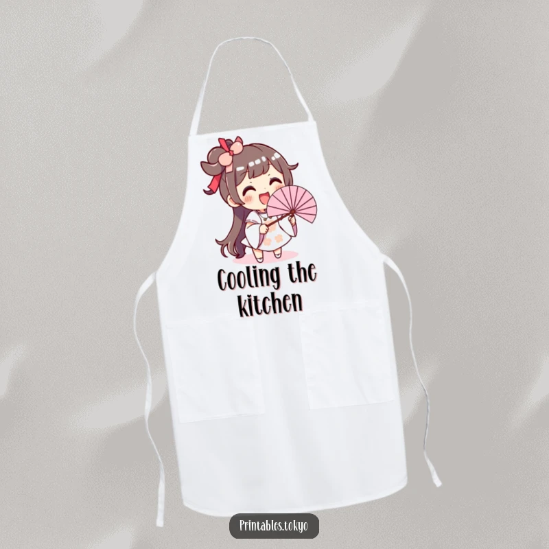 Funny apron showing an excited character with a big smile, waving an oversized fan while cooking in the kitchen.