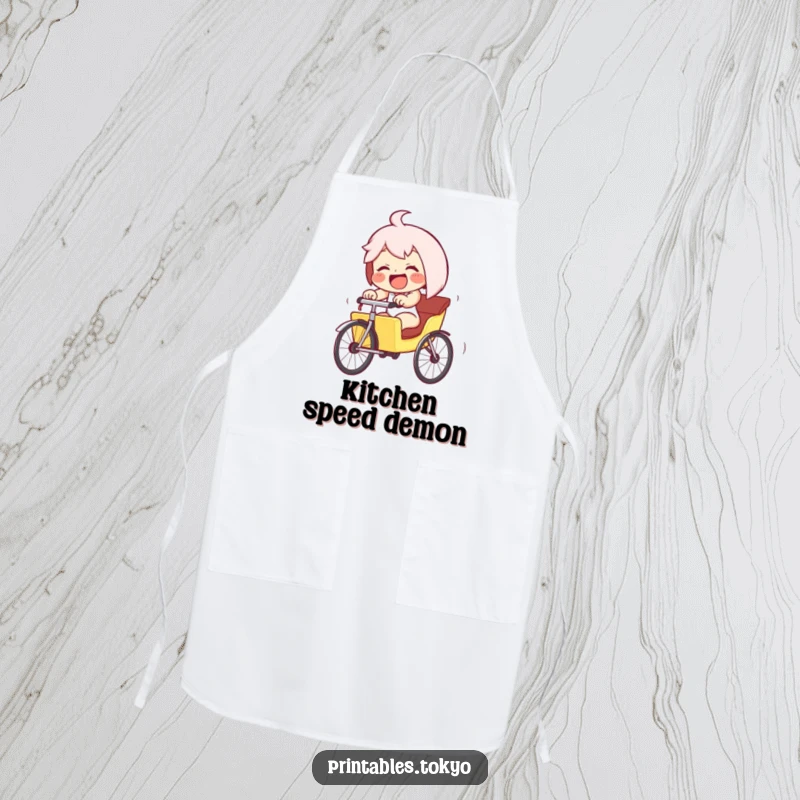 Funny giggling character in a tiny rickshaw, pedaling furiously downhill, on a kitchen apron. Ideal for humorous and energetic cooking.