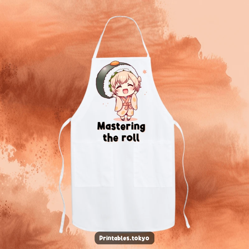 Funny character in a kimono joyfully holding a giant sushi roll, a humorous and practical apron.