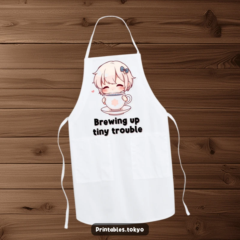 Funny Apron: A character amusingly sips from a miniature, steaming teacup, perfect for a humorous cooking experience.