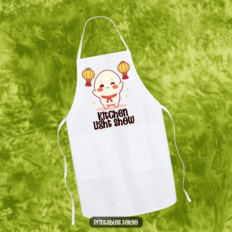 Funny apron with a cheerful mochi character, rosy cheeks, juggling illuminated lanterns, adding playful spirit to kitchen tasks.