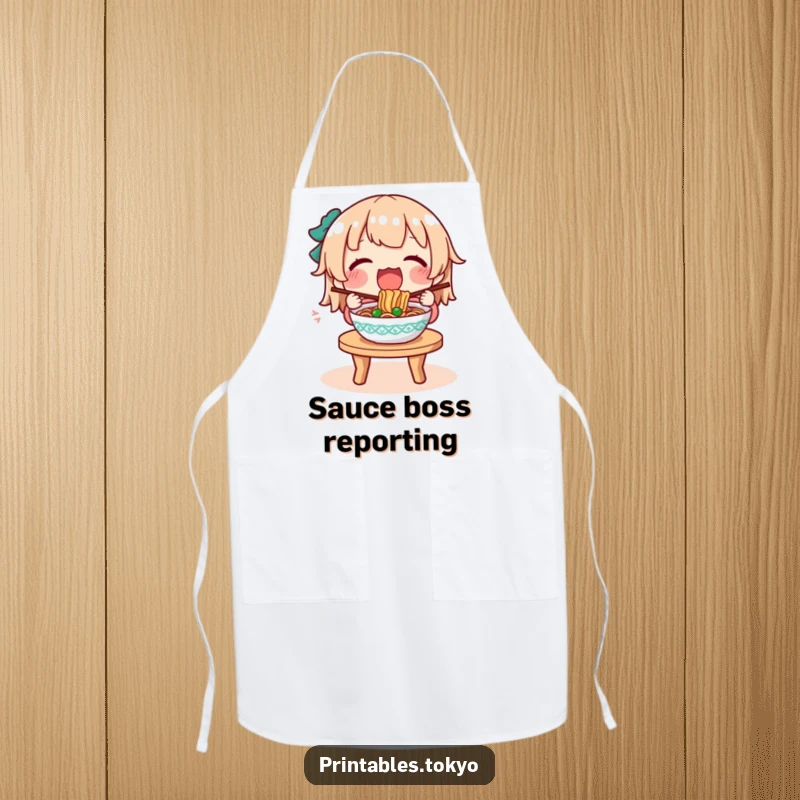 Funny apron showing a character happily eating noodles, ready for kitchen adventures or dining delight.