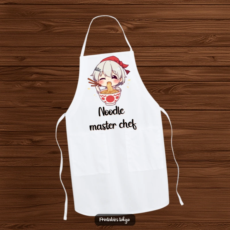 Funny apron showcasing a character excitedly eating ramen with chopsticks held high in a moment of pure enjoyment.