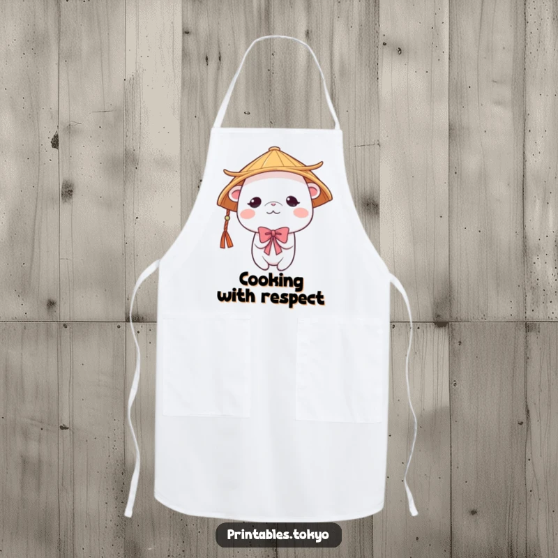 Funny cute creature wearing a traditional Japanese hat, bowing shyly, on a kitchen apron. Ideal for humorous and gentle cooking.