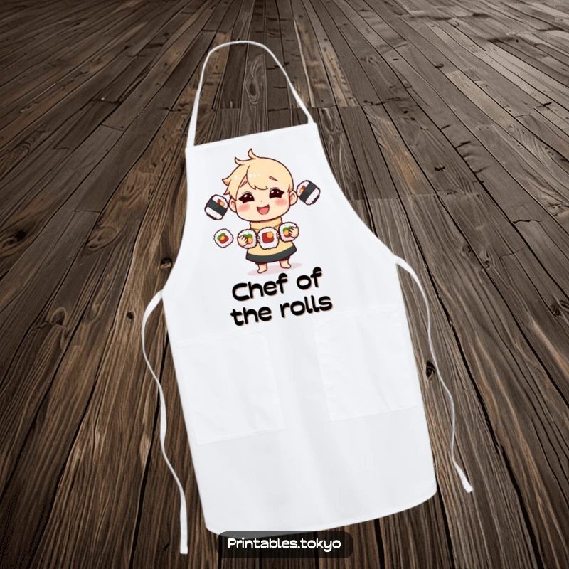 Funny Apron showing a skilled character juggling three tasty sushi rolls, ideal for humorous cooking sessions.