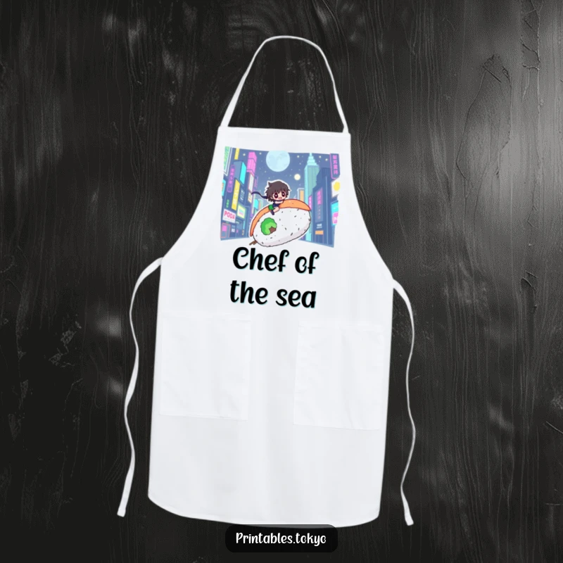 Funny apron showing a character riding a giant sushi roll through a neon city, bringing culinary excitement.