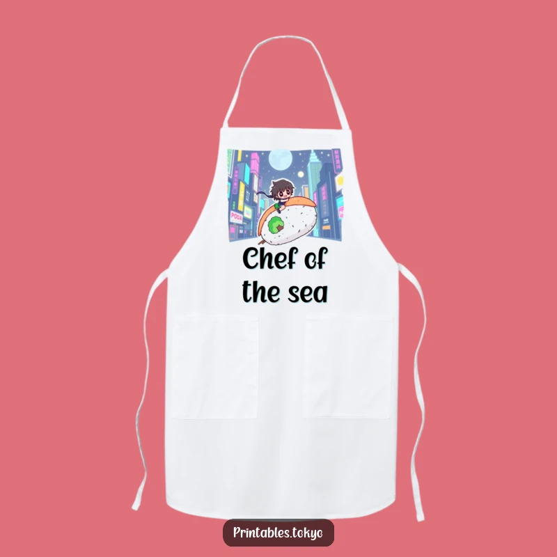 Funny Sushi Rider Apron: Neon City Character, Hilarious Culinary Adventure
