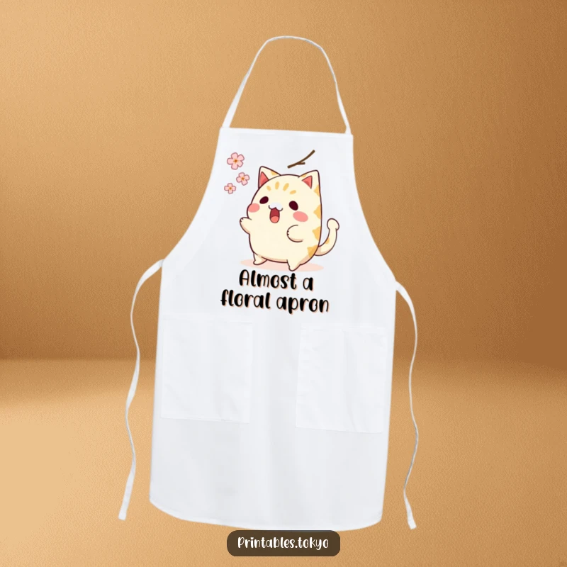 Funny apron with a surprised taiyaki character, tail wagging, dodging falling cherry blossom, making cooking a humorous activity.