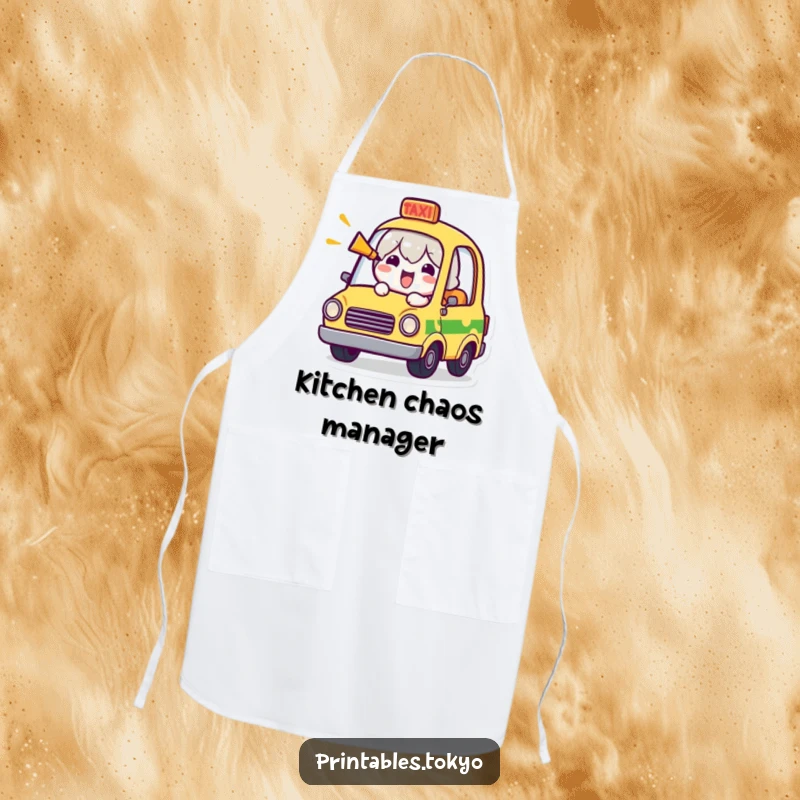 Funny apron illustrated with a cheerful character in a tiny taxi, comically honking the horn while cooking.