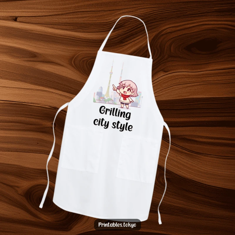 Funny apron depicting an excited character pointing towards a dazzling Tokyo skyline, ideal for adding enthusiasm to culinary tasks.