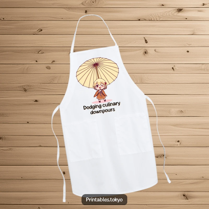 Funny umbrella struggle apron, a character comically wrestling with a large Japanese umbrella while cooking, a humorous kitchen essential.