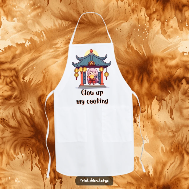 Funny apron showing a character juggling glowing lanterns under a stylized temple roof, bringing a mystical touch to cooking.