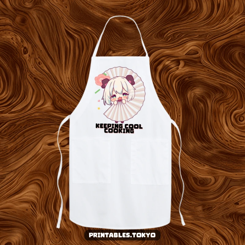 Funny apron depicting a character playfully hiding behind a large fan, ideal for adding a touch of whimsical fun to culinary tasks.