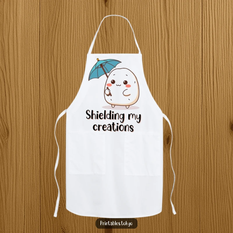 Funny cute onigiri character with a determined expression wielding a tiny umbrella, brave cooking apron, determined and practical kitchen accessory.