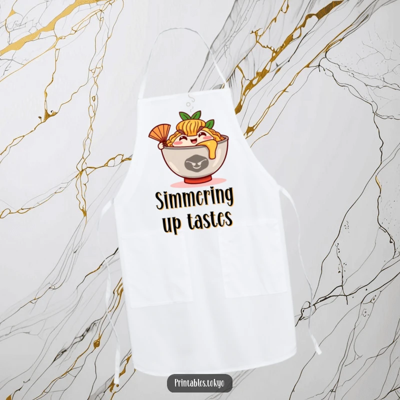 Funny happy ramen bowl character with steam and a tiny fan, printed on a functional and humorous kitchen apron.