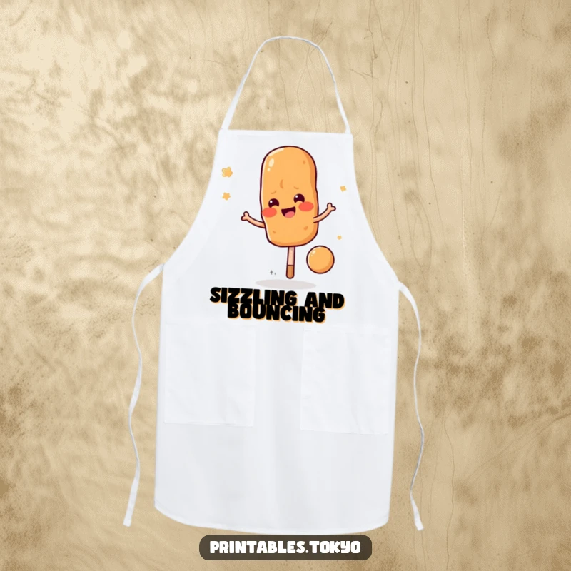 Funny yakitori skewer apron, bouncing happily, ready for grilling adventures with a joyful spirit, a fun cooking gift.
