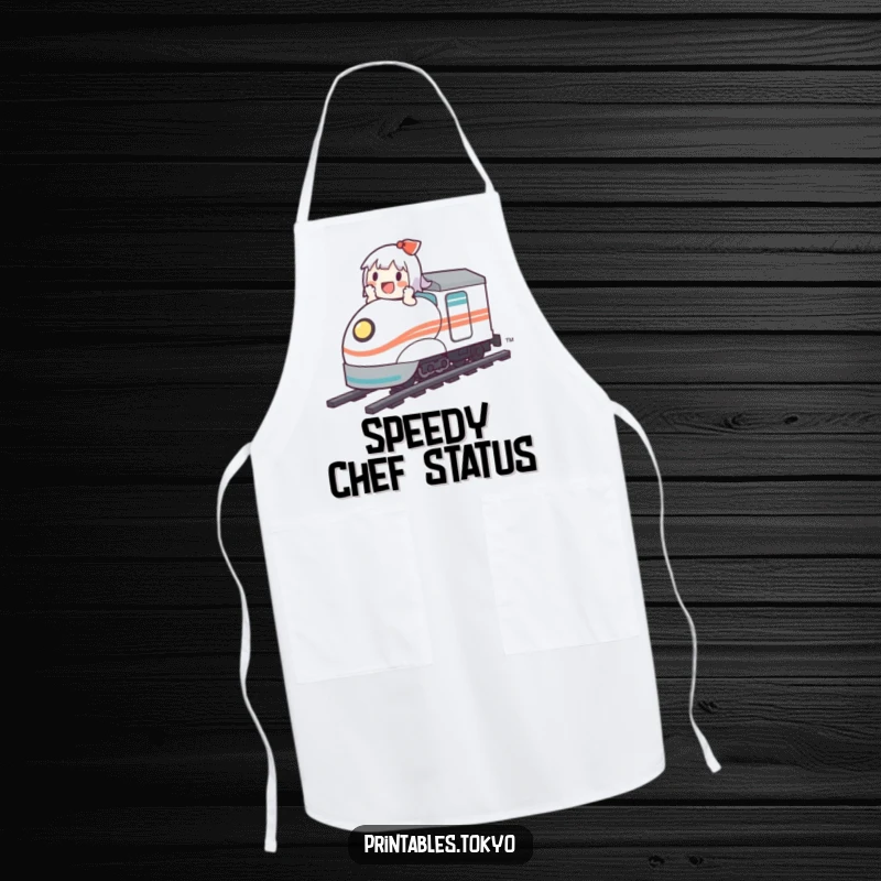 Funny apron illustrating a cute character joyfully riding a mini bullet train while preparing food.