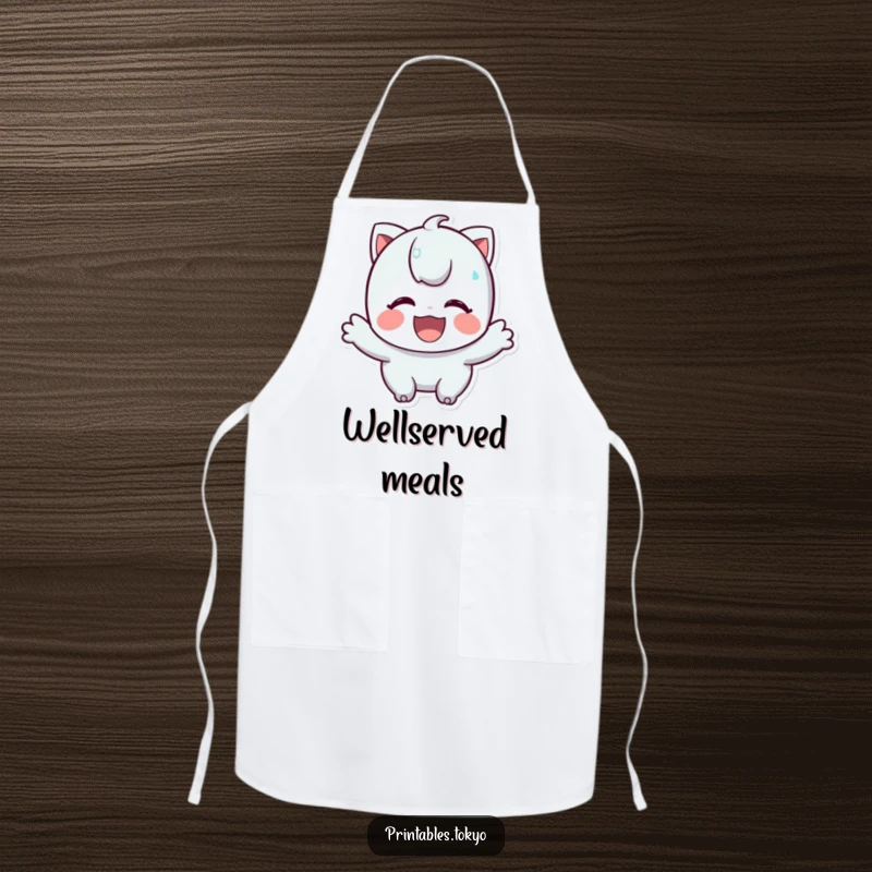 Funny apron showing a character's polite and cheerful bow, ideal for adding a touch of humor to cooking and hosting.