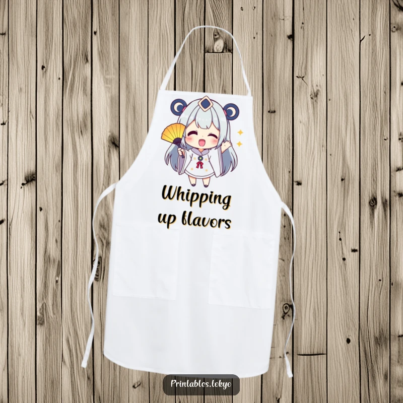 Funny Apron: A character excitedly waves a small, colorful fan while cooking, adding vibrant energy to kitchen tasks.