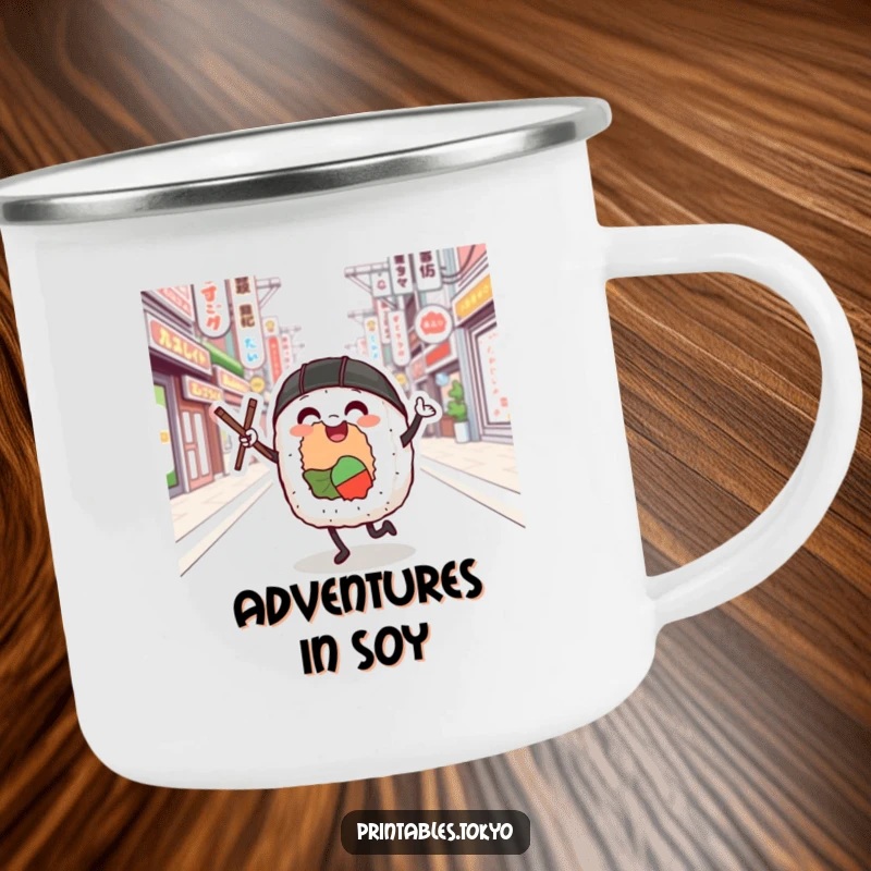 Funny sushi roll character dancing on a Tokyo street, printed on a durable camping mug for outdoor fun.