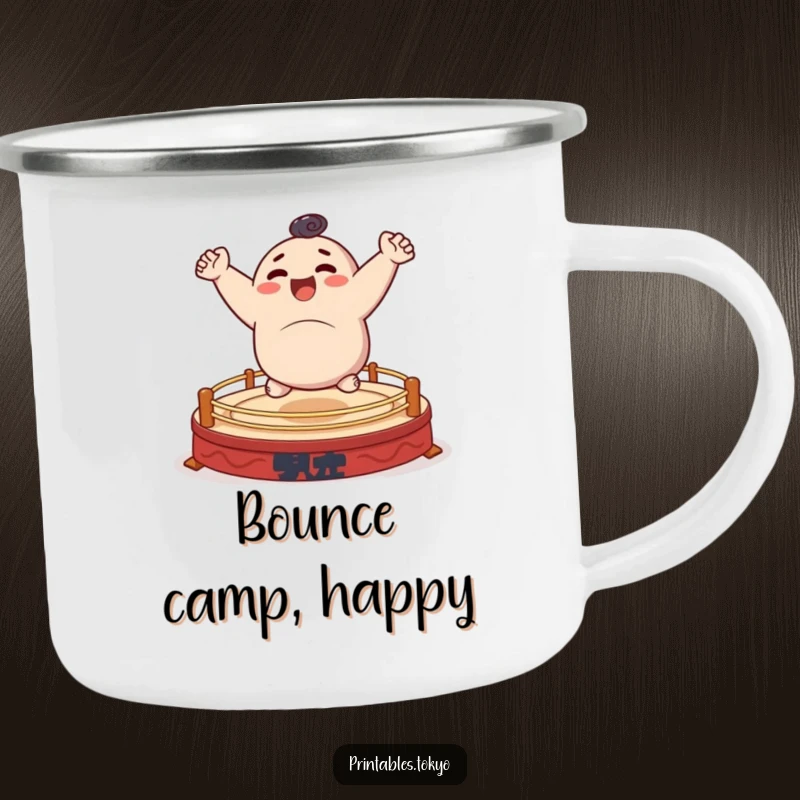 Funny camping mug with a character cheerfully bouncing on a small sumo ring, durable and humorous.