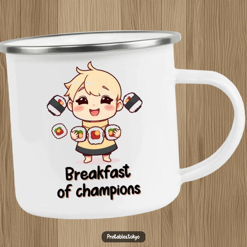 Funny Camping Mug showcasing a cheerful character expertly juggling three tasty sushi rolls, for humorous outdoor enjoyment.