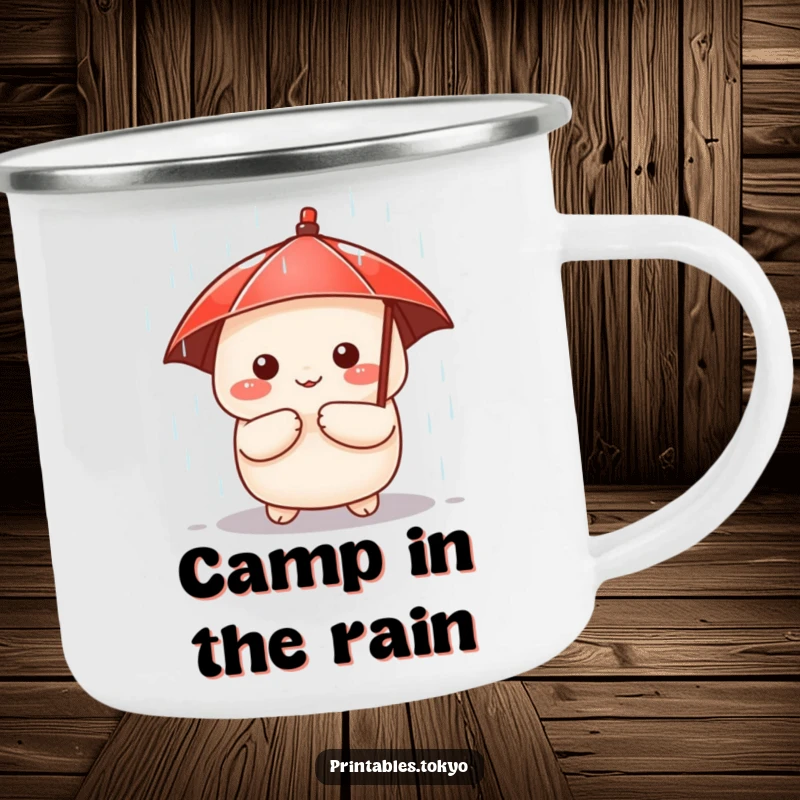 Funny camping mug with a cute dumpling character holding a tiny red umbrella, peeking from the rain, perfect for outdoor charm.