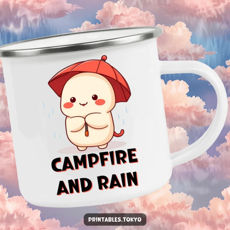 Funny cute dumpling character with a red umbrella, sheltering from rain, printed on a durable camping mug.