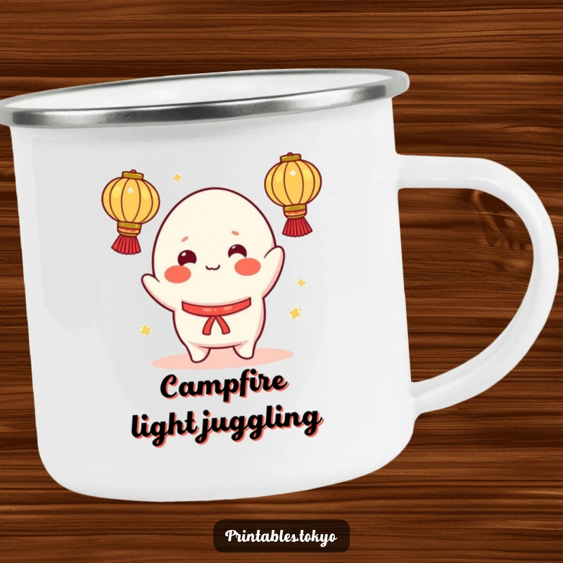 Funny camping mug with a cheerful mochi character, rosy cheeks, juggling illuminated lanterns, perfect for adding fun to outdoor trips.