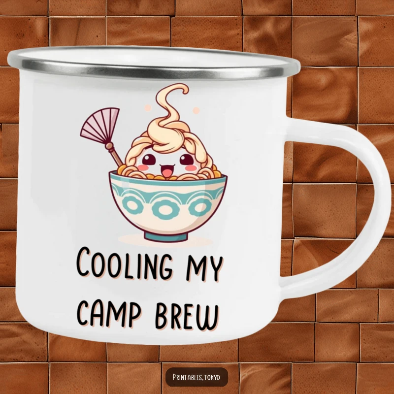 Funny camping mug with a happy ramen bowl character, steam rising, waving a tiny fan, perfect for outdoor warmth and humor.