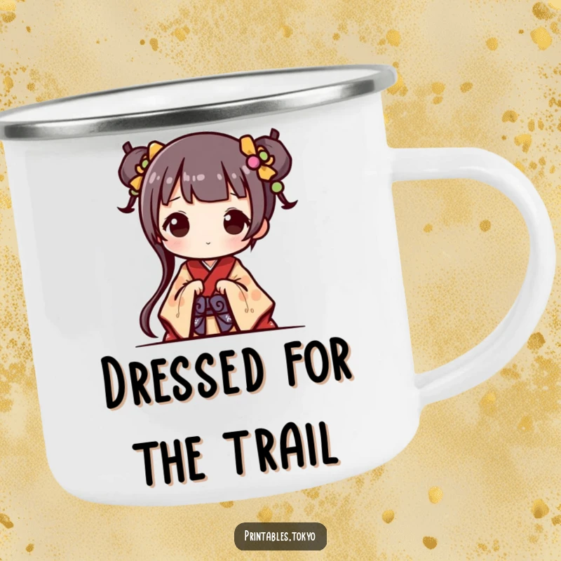 Funny Camping Mug: Character humorously peeks out in a miniature kimono, ideal for enjoying drinks outdoors with cute charm.