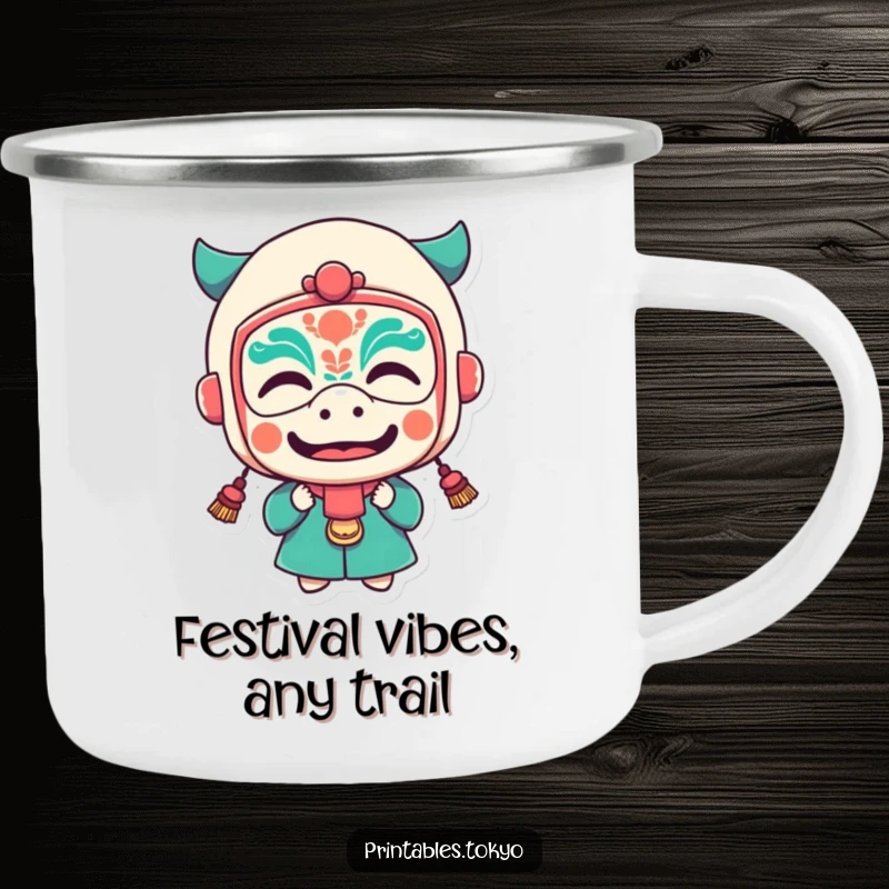 Funny camping mug featuring a character wearing a festival mask and making a funny face, for outdoor fun.