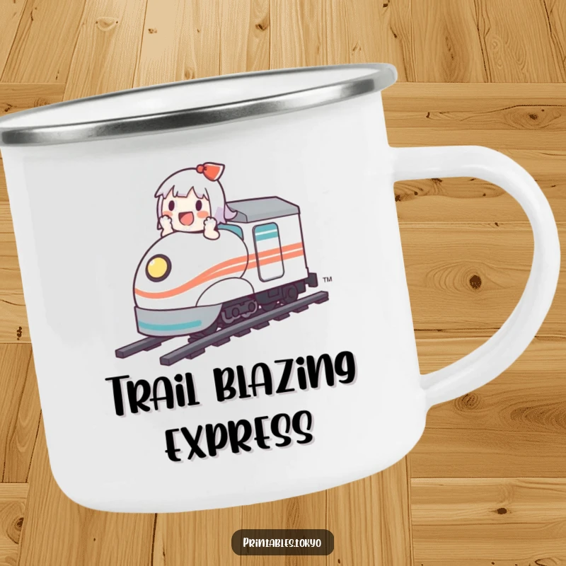 Funny camping mug showing a cute character enjoying a drink while riding a small bullet train in the great outdoors.