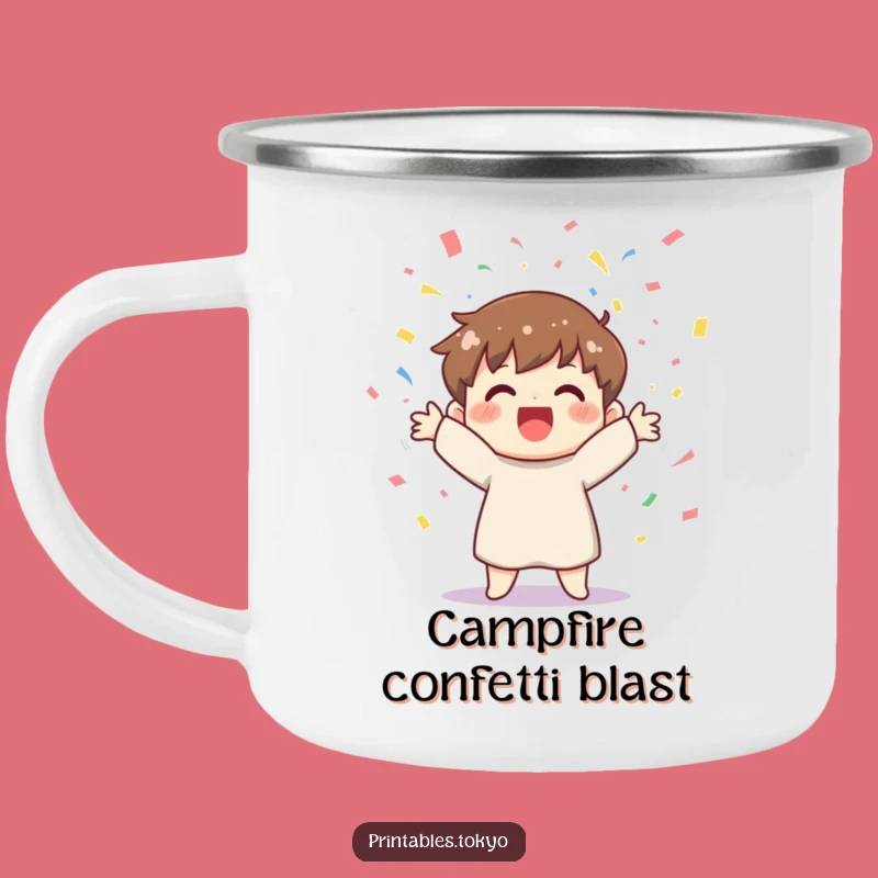 Funny Confetti Camping Mug - Cheerful Character Celebration Outdoor Gift
