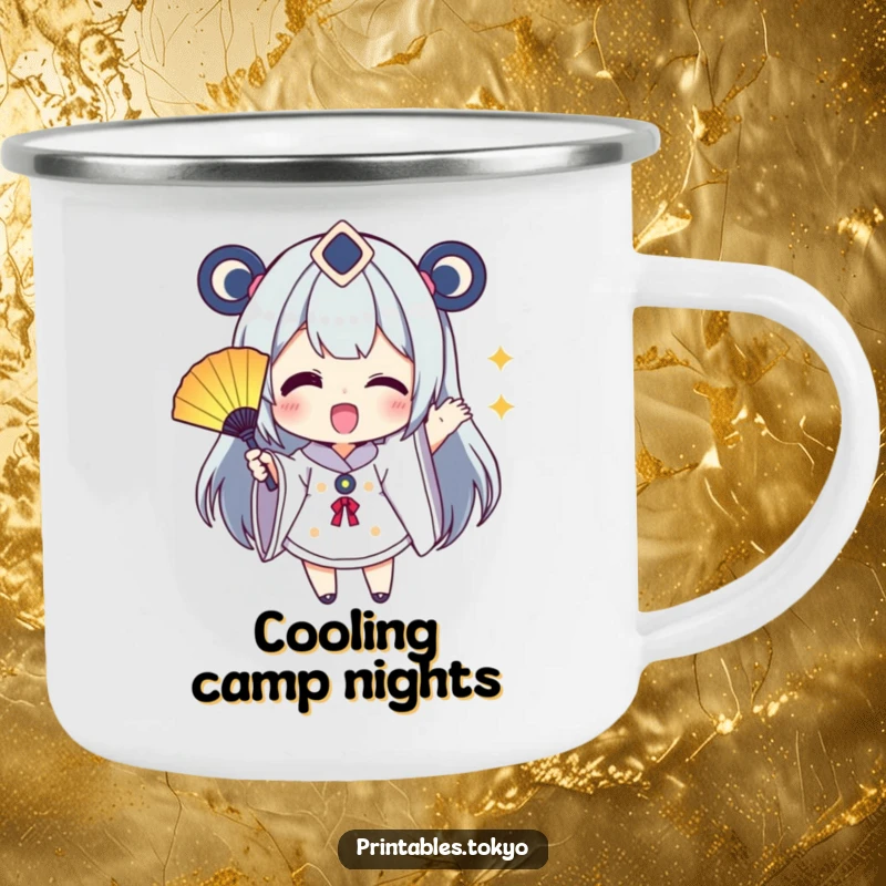 Funny Camping Mug: Character excitedly waves a small, colorful fan, ideal for enjoying drinks outdoors with vibrant energy.