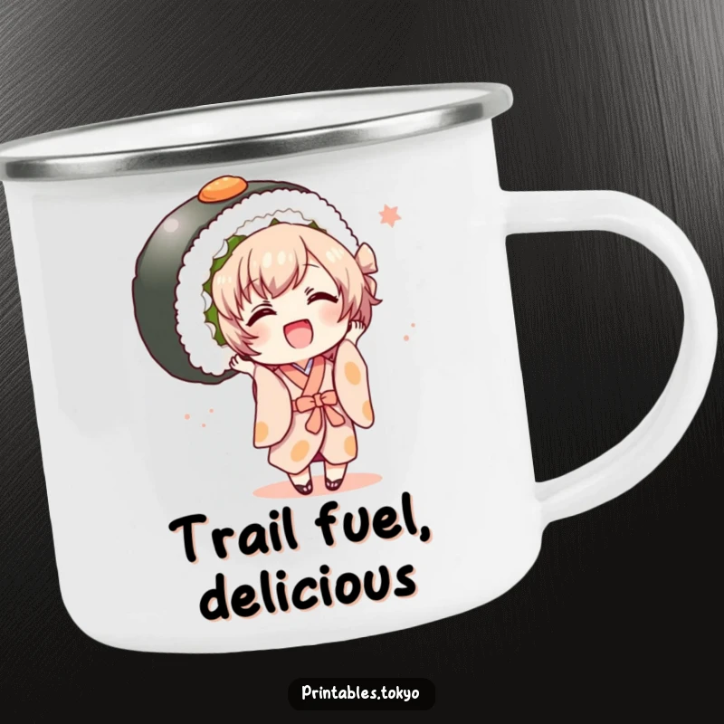 Funny character in a kimono joyfully holding a giant sushi roll, a durable and humorous camping mug.