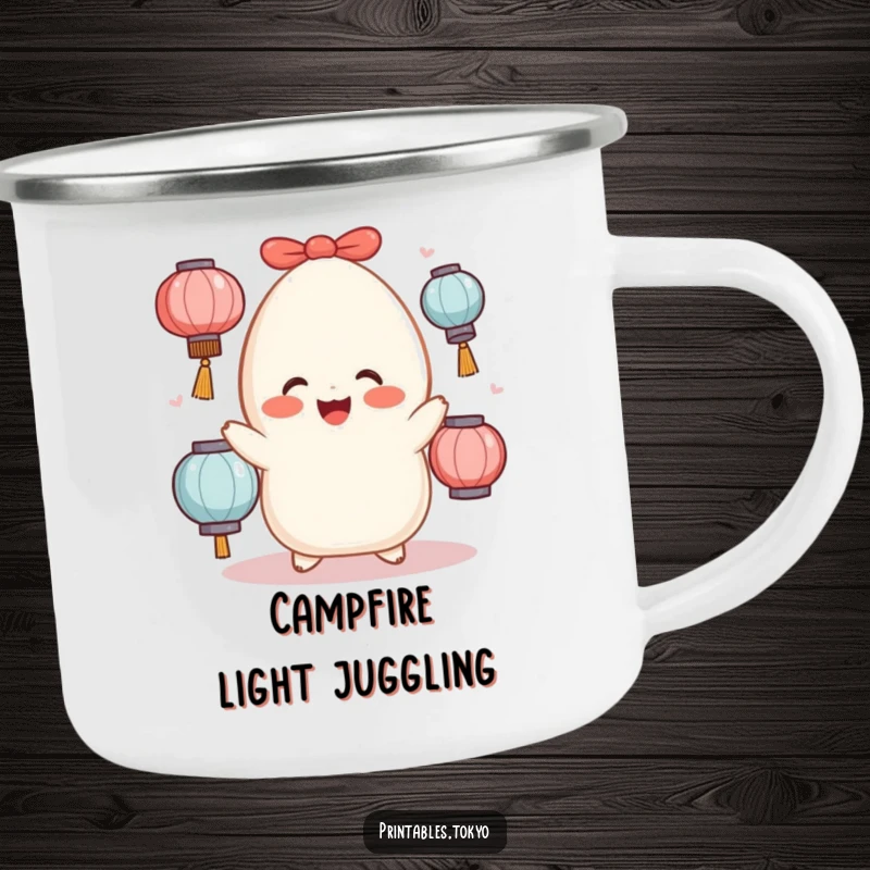 Funny mochi character with rosy cheeks juggling glowing lanterns, printed on a durable camping mug.