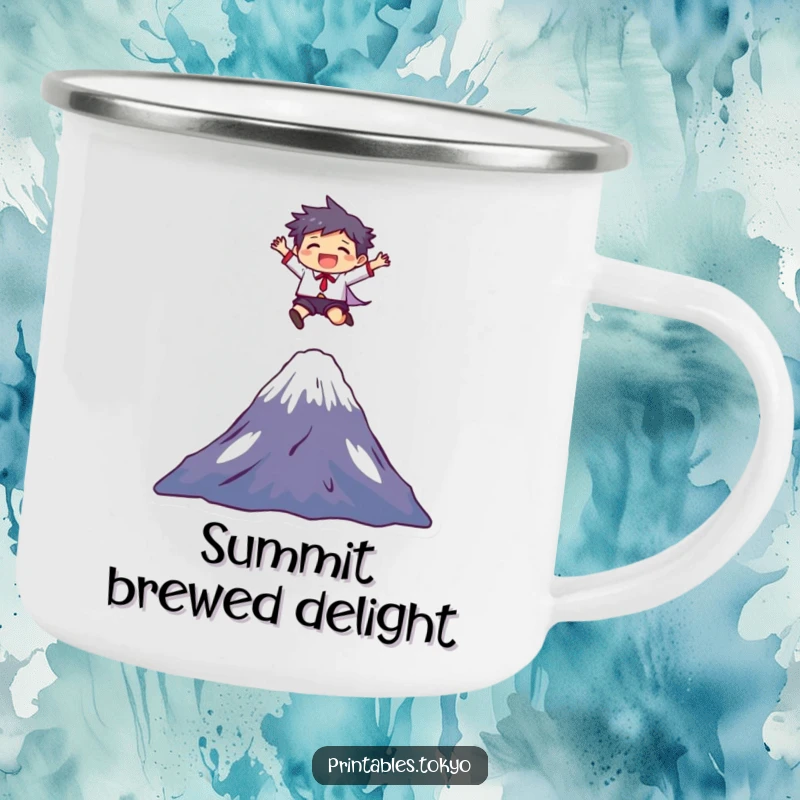 Funny Camping Mug: A character joyfully leaps over Mount Fuji, ideal for humorous outdoor adventures and travel.