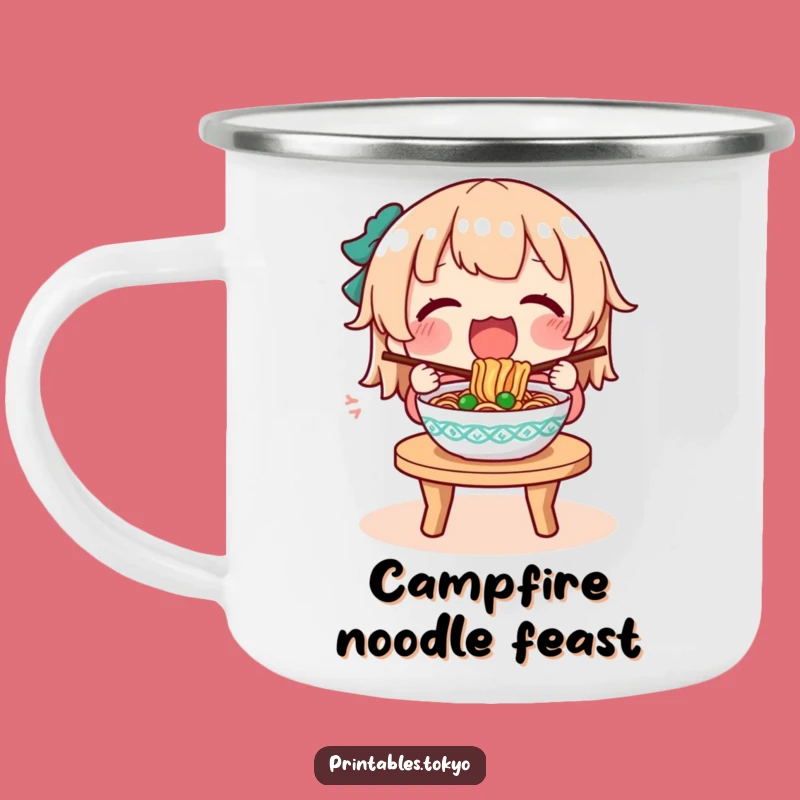 Funny Noodle Camp Mug: Character's Outdoor Feast, Durable Humor