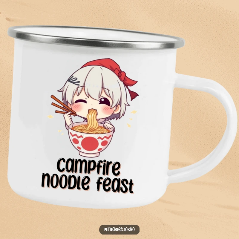 Funny camping mug showing a character excitedly eating ramen with chopsticks held triumphantly high.