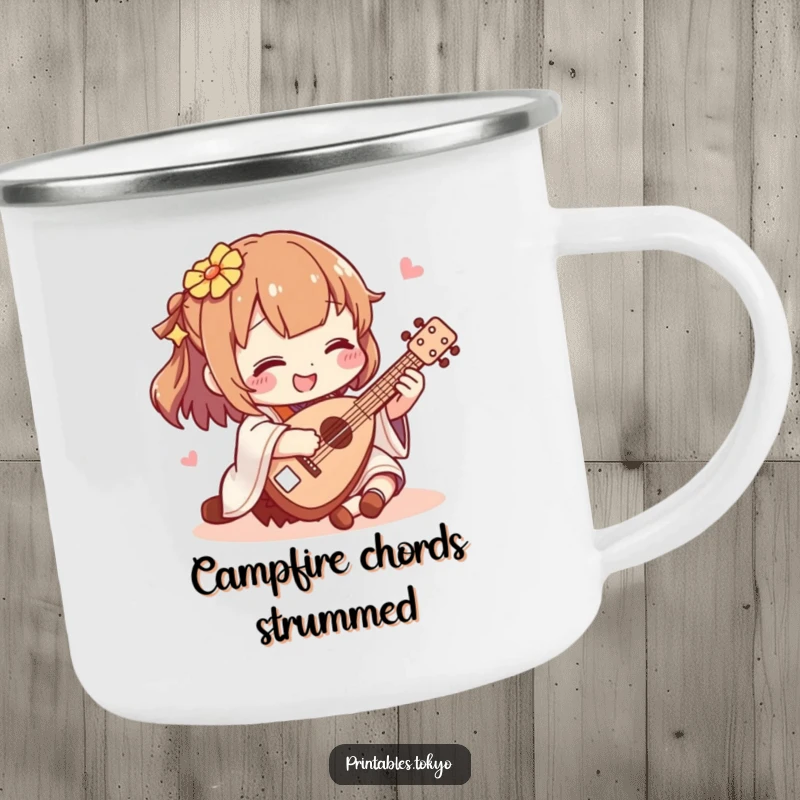 Funny shamisen player camping mug, a character strumming a miniature shamisen, designed for outdoor adventures and musical enjoyment.