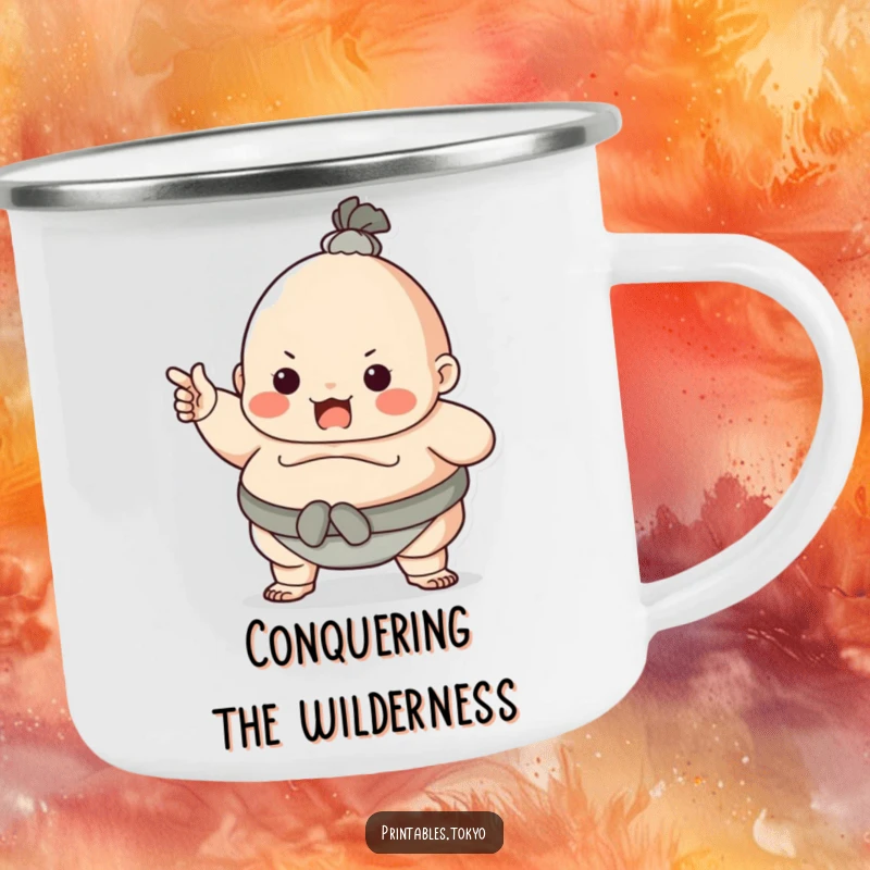 Funny character dressed as a sumo wrestler, playfully pointing, on a sturdy camping mug. Great for outdoor use and bold humor.