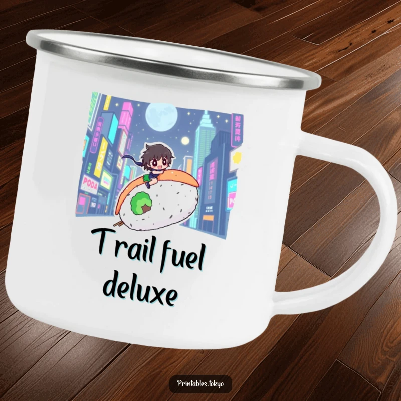Funny camping mug with a character riding a giant sushi roll through a neon city, perfect for urban explorers.