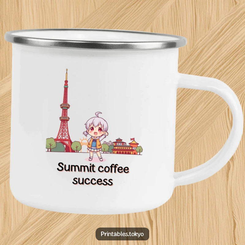 Funny camping mug showing a character playfully posing with a stylized Tokyo Tower, perfect for outdoor adventures.